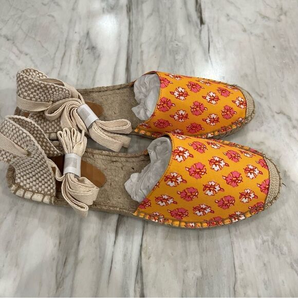 J. Crew factory Printed canvas ankle-wrap espadrille sandals orange/pink NWB - Picture 6 of 6